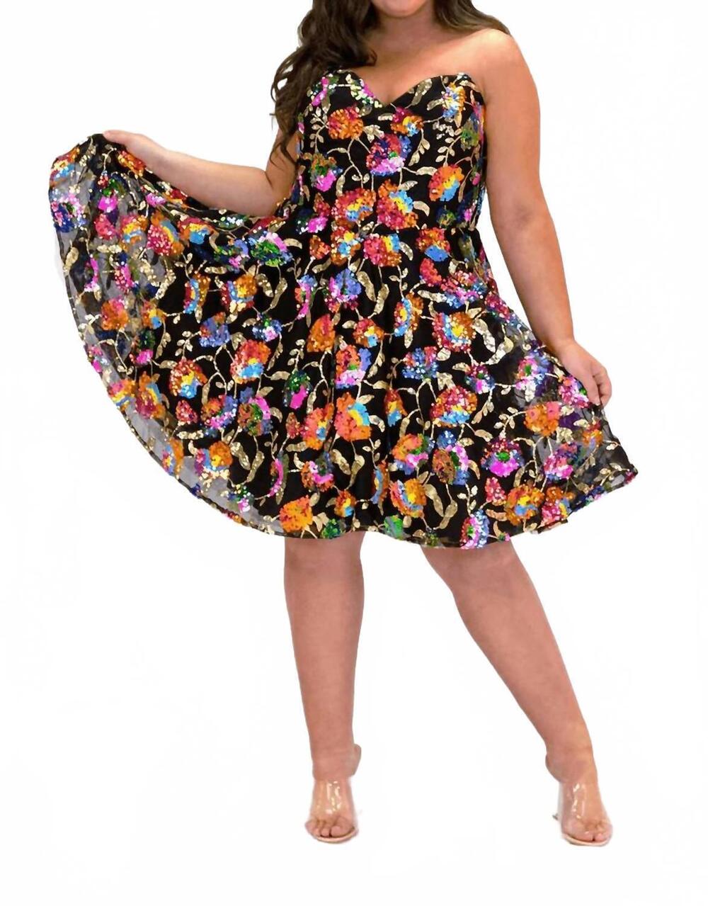 NEW SYDNEY'S CLOSET floral-patterned sequin cocktail dress in onyx